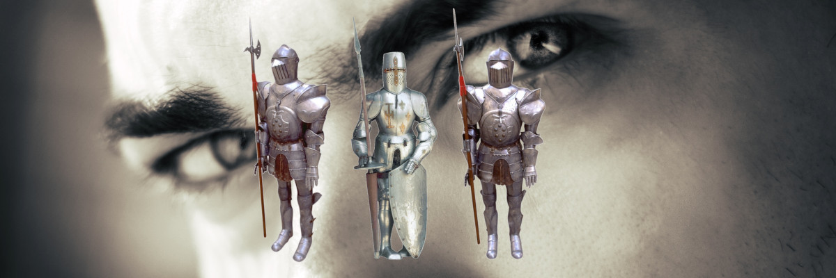 Fotomontaggio: tre armature medievali sovrapposte agli occhi di un uomo