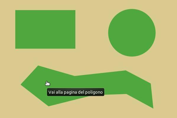 Semplici figure geometriche: un rettangolo, un cerchio e un poligono irregolare. Il puntatore è sul poligono irregolare: la comparsa del suggerimento indica che vi è un collegamento ipertestuale attivo
