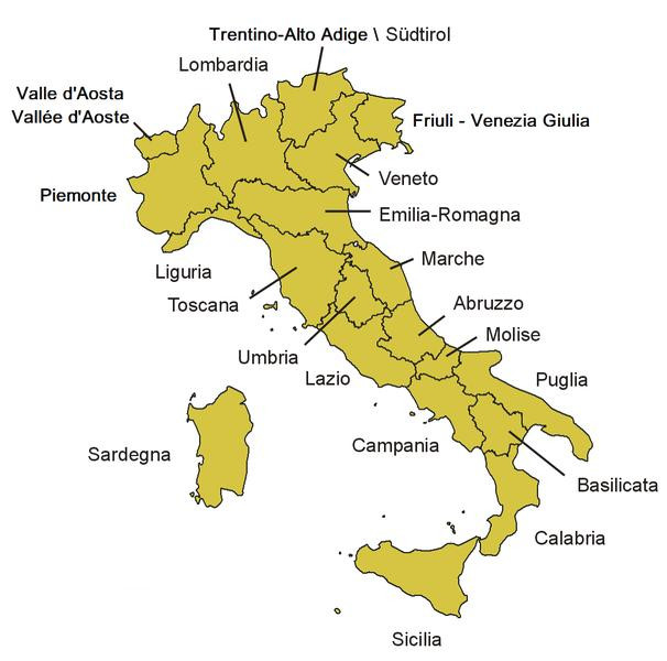 Mappa dell'Italia suddivisa in regioni