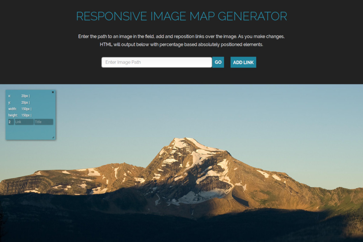 Home page di Responsive Image Map Generator. Vi è la casella in cui inserire il percorso web da cui trarre l'immagine