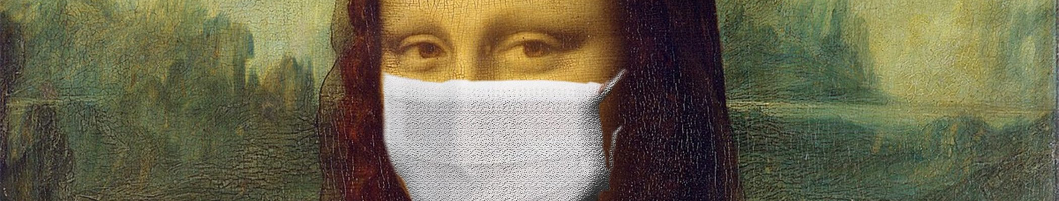 Primissimo piano del volto della Gioconda con una mascherina sanitaria
