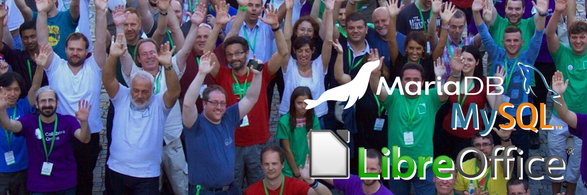 Il gruppo di LibreOffice e i loghi di MySQL, MariaDB e LibreOffice