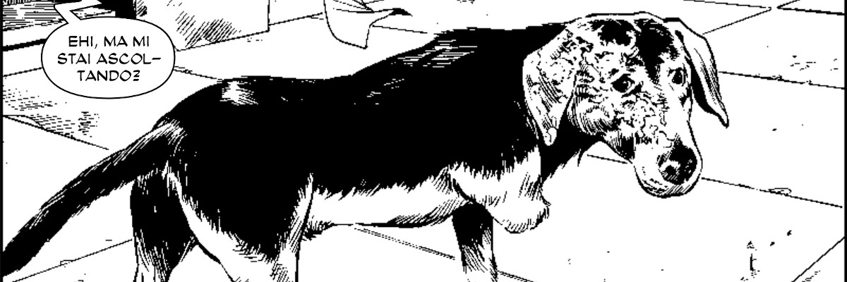 Disegno di un cane cui manca la zampa destra. Un fumetto fuori campo chiede "Hei, ma mi  stai ascoltando?"