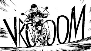 Motociclista visto di fronte e la scritta "VROOOM"