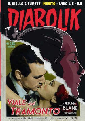 La copertina di Diabolik numero 8, anno 2020: divisa a metà da uno strappo che fa intravvedere il manifesto del film "Viale del tramonto"