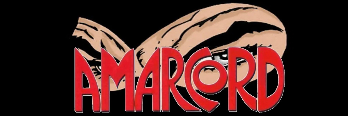 Gli occhi di Diabolik e la scritta Amarcord, in rosso su sfondo nero