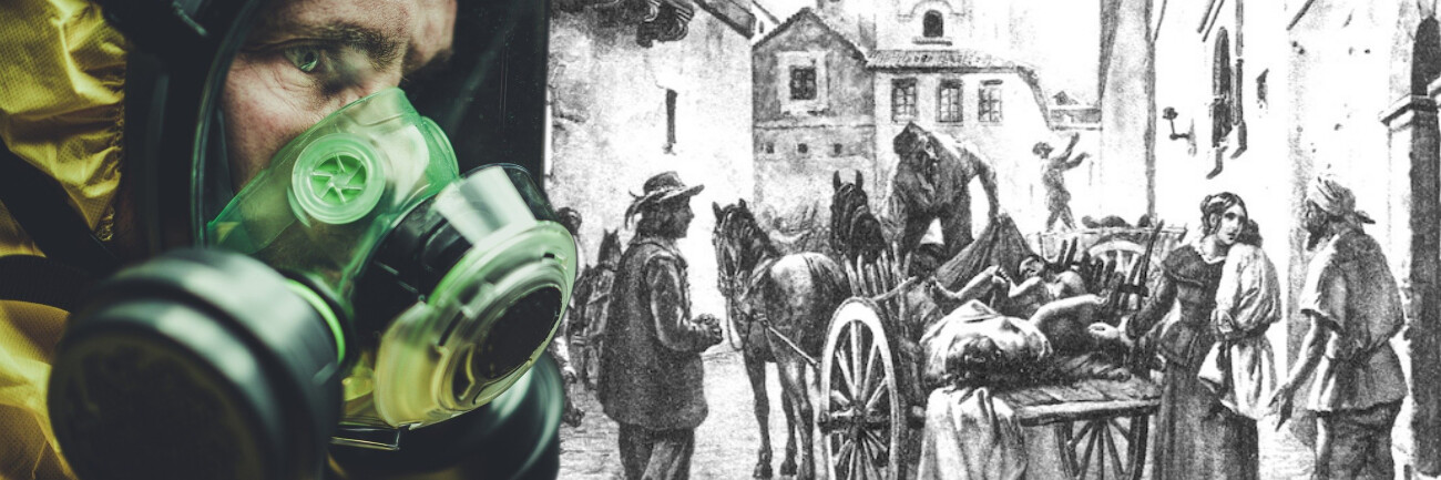A sinistra, a colori, primo piano di un paramedico con tuta e respiratore. Sulla destra, in bianco e nero, scena manzoniana della raccolta dei morti di peste