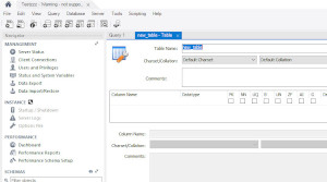I parametri per la nuova tabella nell’interfaccia grafica di MySQL Workbench