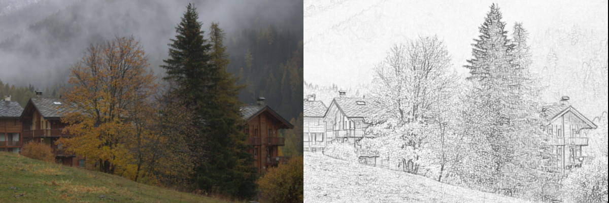 Paesaggio montano. A sinistra, la foto a colori. A destra, il disegno a matita