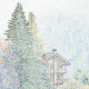 Disegno al tratto a colori di una casa di montagna che appare dietro agli alberi