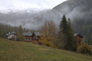 Paesaggio montano con alcune case seminascoste da alberi