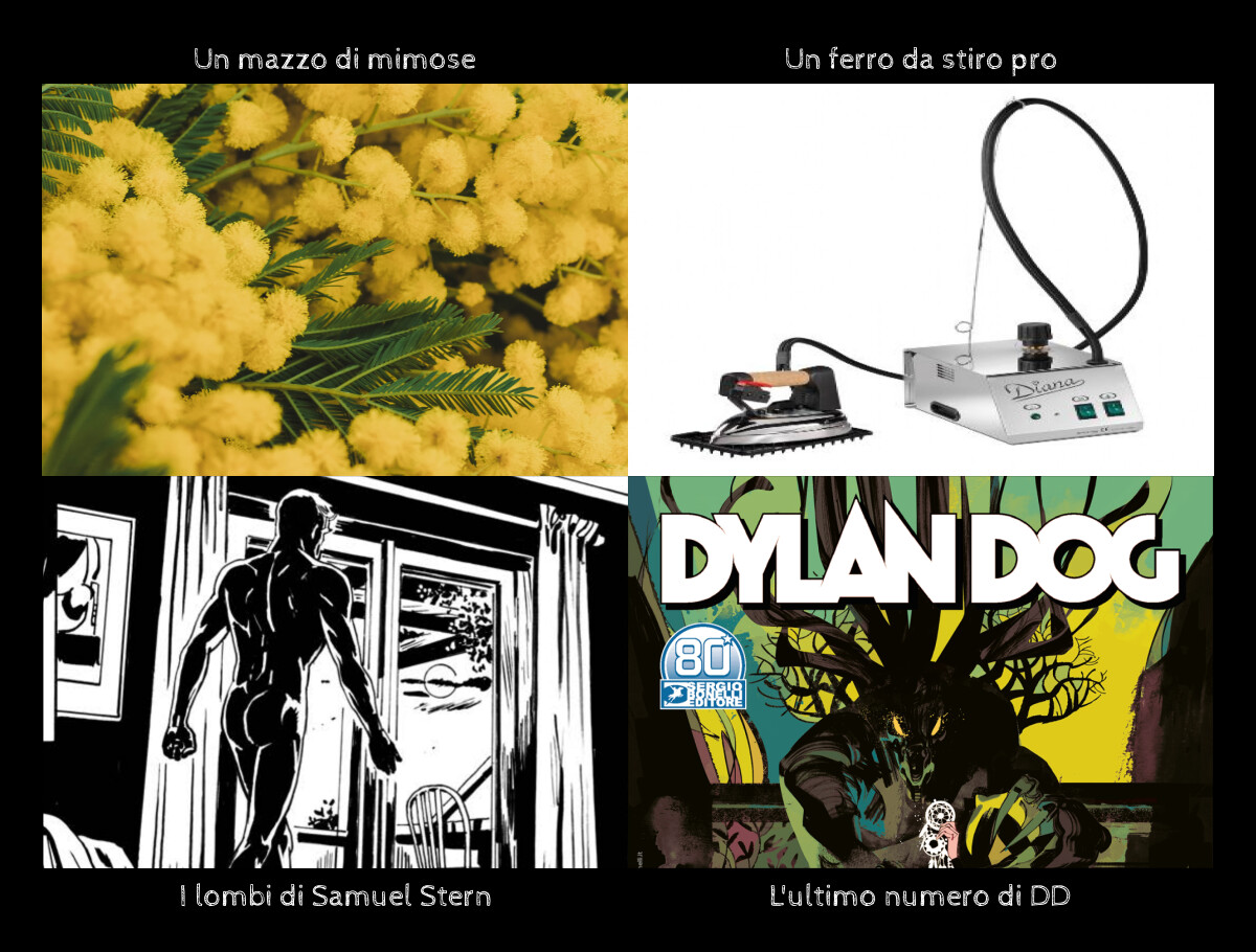 Quattro immagini: un mazzo di mimose, un ferro da stiro professionale, una vignetta di Samuel Stern nudo, la copertina dell'ultimo Dylan Dog