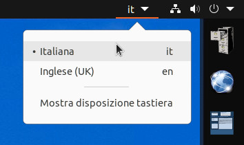 Menu con l'elenco dei layout di tastiera disponibili e il comando Mostra disposizione tastiera