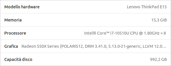 Le caratteristiche del mio portatile Lenovo ThinkPad E15, così come sono riportate dalla finestra Informazioni di Ubuntu