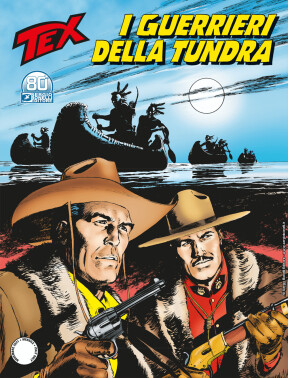 Tex Willer e Jim Brandon all'erta, mentre canoe indiane si avvicinano