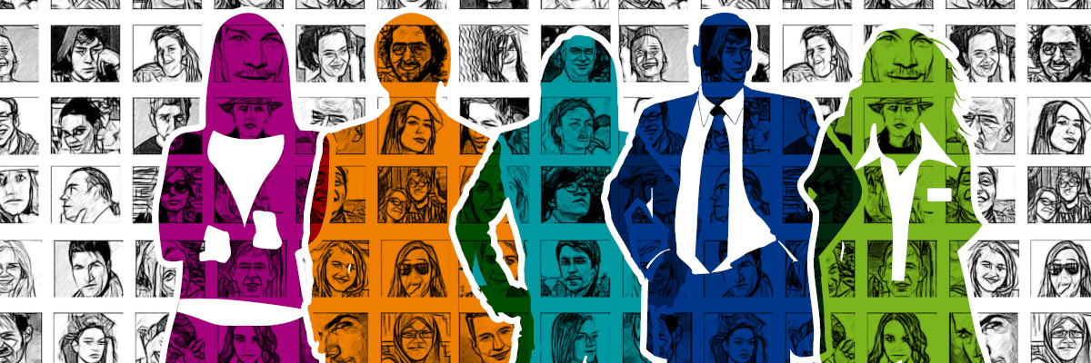 Profili colorati di uomini e donne. Sullo sfondo, un muro di foto di uomini e donne