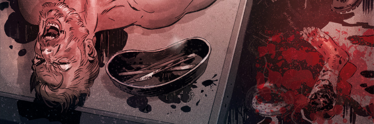 Particolare della copertina, con la testa di un cadavere sul tavolo dell'autopsia e, a terra, un arto