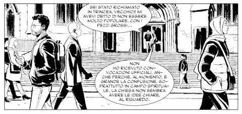 La scalinata di una chiesa: in cima ad essa, sullo sfondo, Samuel e Duncan. In primo piano, alcuni passanti