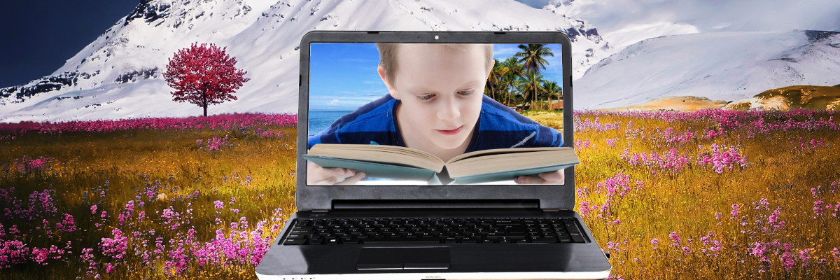Mi sono iscritto a un corso di laurea. Fotomontaggio di un bambino che legge in uno schermo di un portatile.