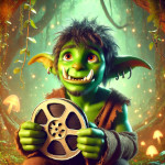 Bambino in sala proiezione di un cinema che esamina entusiasta uno spezzone di pellicola