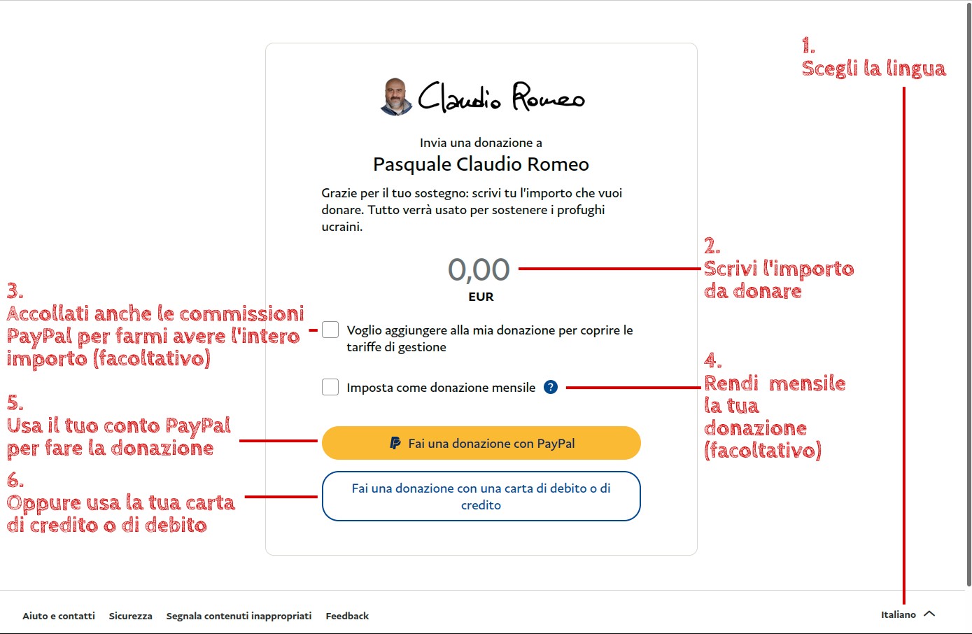 Schermata della finestra di PayPal per le donazioni, con le istruzioni