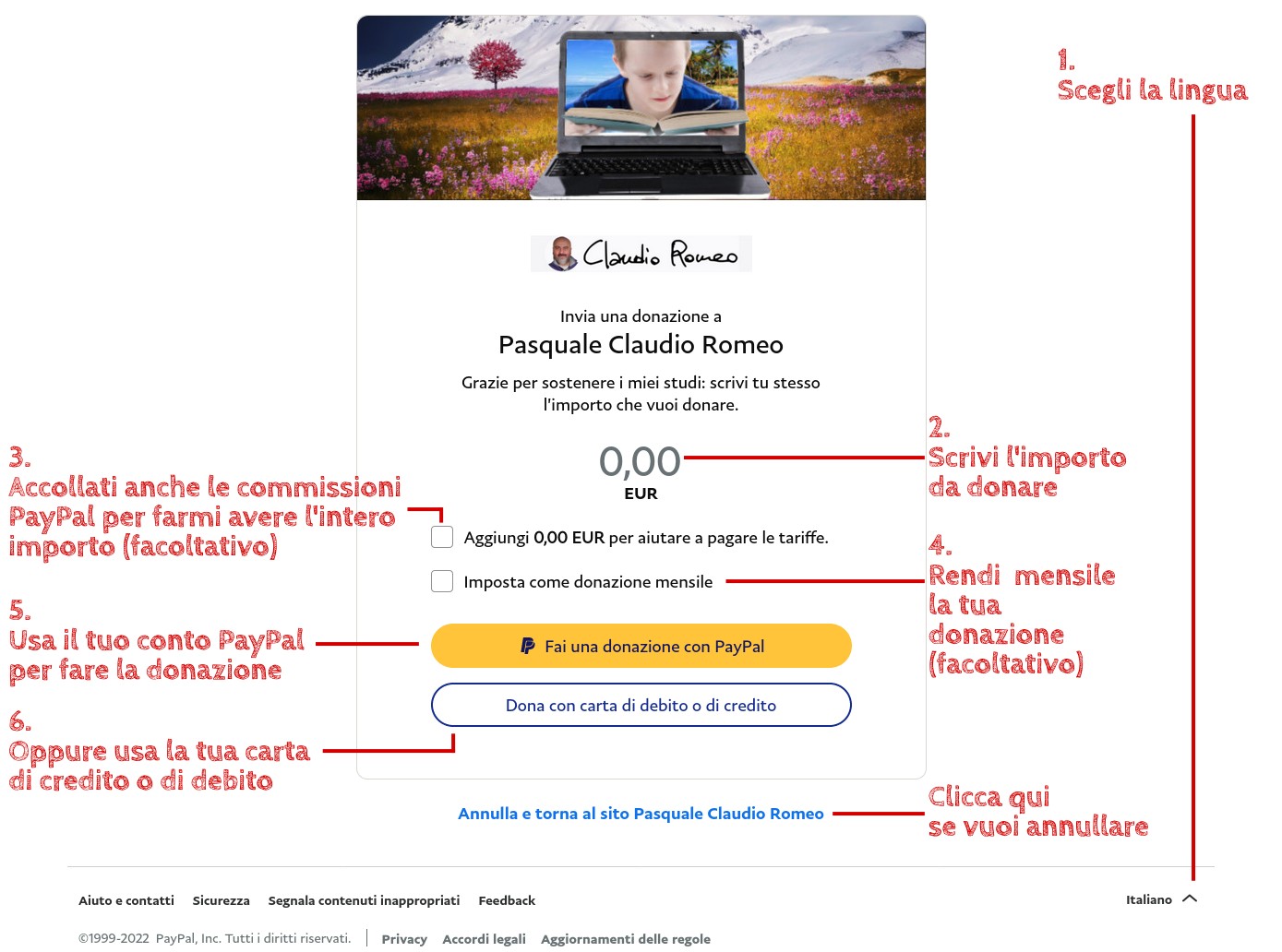 Schermata della finestra di PayPal per le donazioni, con le istruzioni